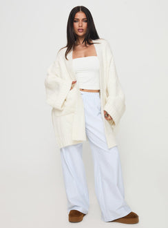 front view of model wearing Princess Polly Paisleigh Cable Knit Cardigan Cream Longline Jumpers Jumpers 