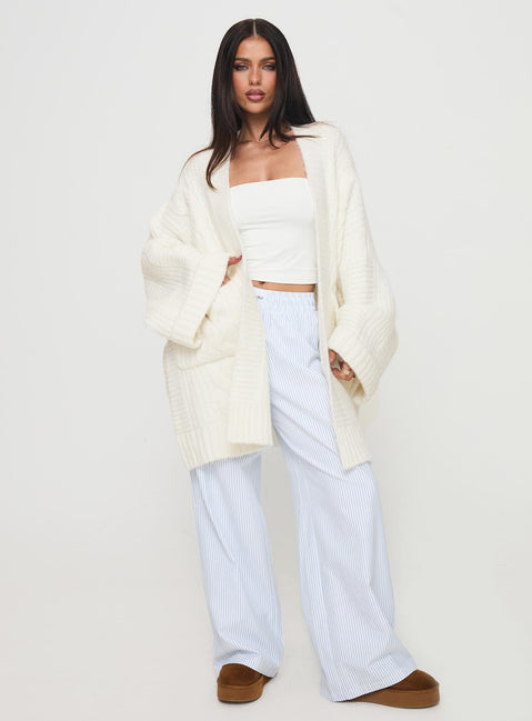 front view of model wearing Princess Polly Paisleigh Cable Knit Cardigan Cream Longline Jumpers Jumpers 