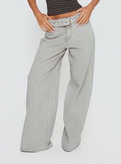 back view of model wearing Princess Polly Katlin Mid Rise Wide Leg Buckle Detail Jeans Grey Wash Mid Rise Jeans Jeans 