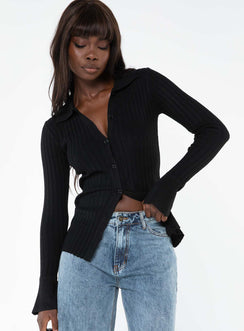 front view of model wearing Princess Polly Anneke Collared Cardigan Black Longline Jumpers Jumpers 