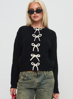 front view of model wearing Princess Polly Rosalee Cardigan Black / White Cropped Jumpers Jumpers 