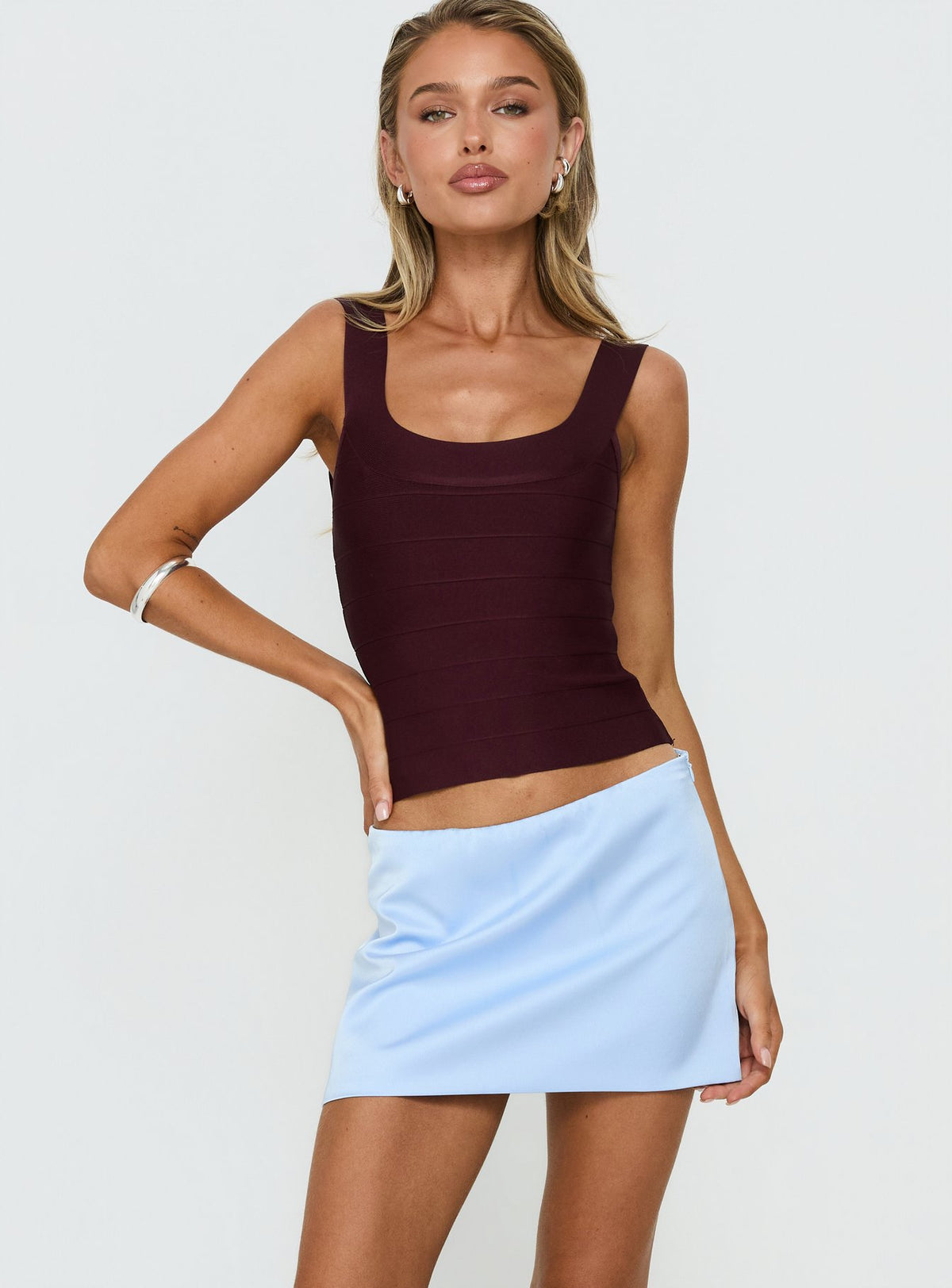   front view of model wearing Princess Polly Nadya Satin Tailored Mini Skirt Ice Blue Mini Skirts Skirts 