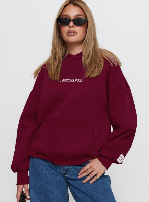 front view of model wearing Princess Polly Princess Polly x Butterfly Foundation Charity Merch Hoody Wine Longline Jumpers Jumpers 