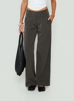 Discover the Two Lovers Low Rise Pants Grey Pinstripe womens-regular-pants detail view of model wearing Princess Polly