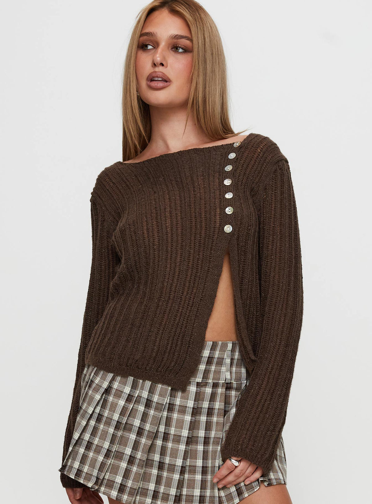 back view of model wearing Princess Polly Lenker Knit Sweater Brown Longline Jumpers Jumpers 