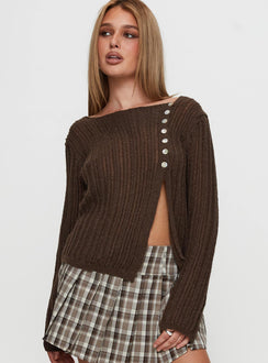 back view of model wearing Princess Polly Lenker Knit Sweater Brown Longline Jumpers Jumpers 