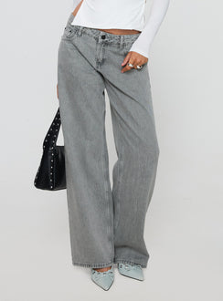 side view of model wearing Princess Polly Ellanor Low Rise Straight Leg Jeans Washed Grey Petite Low Rise Jeans Jeans 