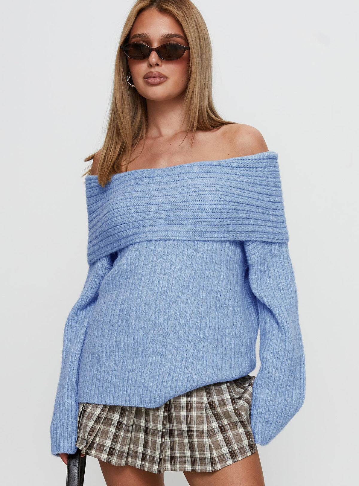 front view of model wearing Princess Polly Snowie Off Shoulder Knit Sweater Blue Longline Jumpers Jumpers 