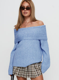 front view of model wearing Princess Polly Snowie Off Shoulder Knit Sweater Blue Longline Jumpers Jumpers 