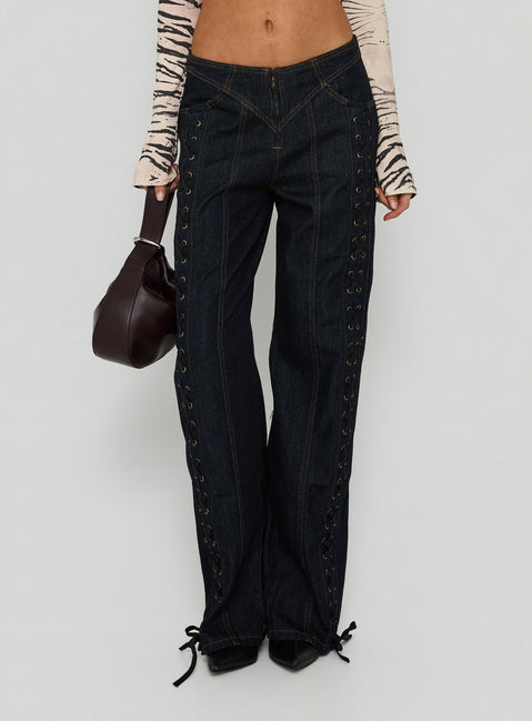Featuring the Daydream Tie Up Jeans Dark Denim womens-jeans in low-rise product Princess Polly