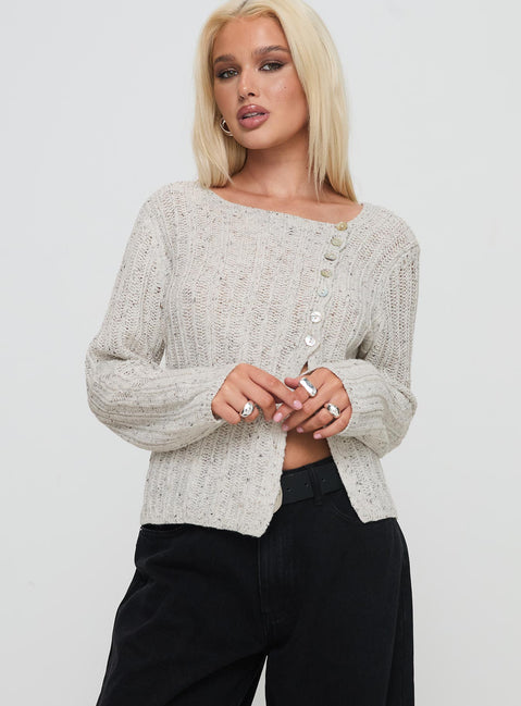 front view of model wearing Princess Polly Lenker Knit Jumper Grey Longline Jumpers Jumpers 