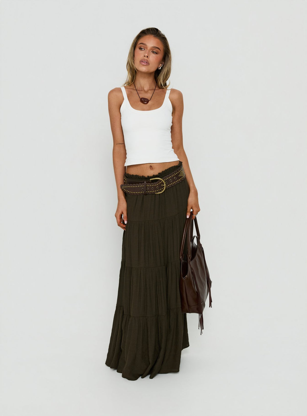 Featuring the Mya Maxi Skirt Chocolate in womens-skirts with layered relaxed fit detail front view of model wearing Princess Polly