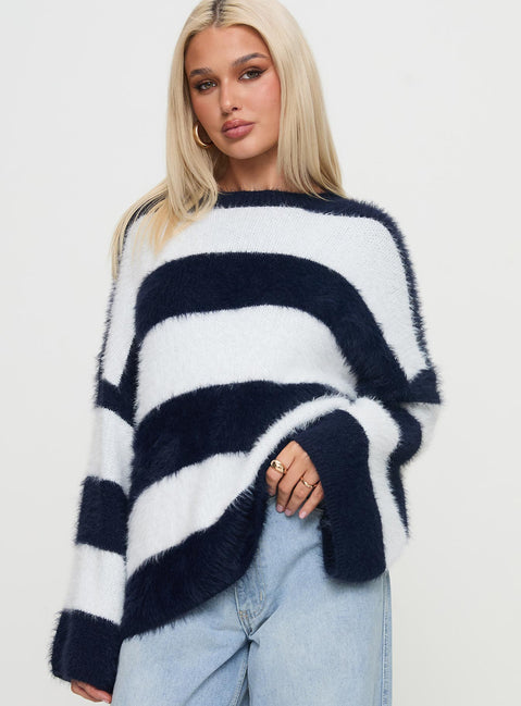 side view of model wearing Princess Polly Nerina Knit Sweater Blue / White Stripe Longline Jumpers Jumpers 