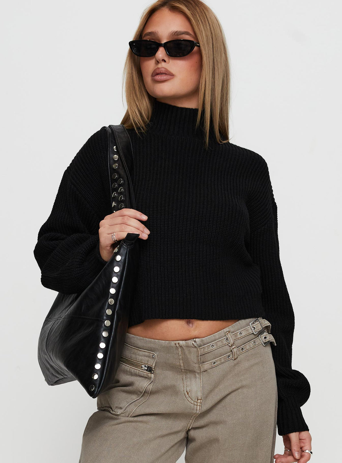 front view of model wearing Princess Polly Sayge Mock Neck Knit Sweater Black cropped Jumpers 