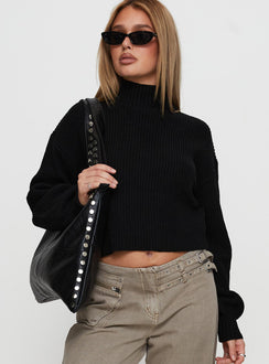 front view of model wearing Princess Polly Sayge Mock Neck Knit Sweater Black cropped Jumpers 