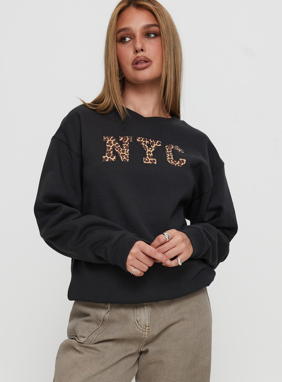 front view of model wearing Princess Polly Wild In NYC Sweater Black Jumpers 