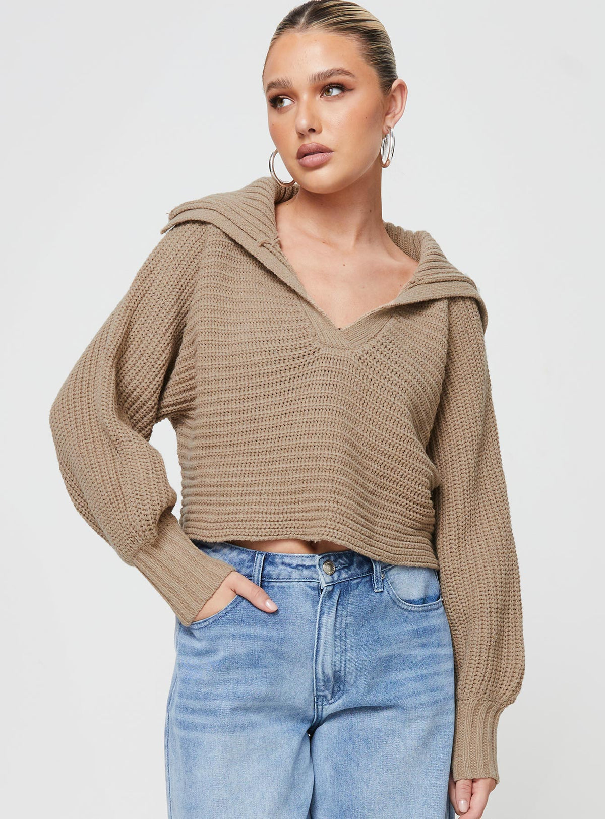 Front view of model wearing  front Wester Ribbed Sweater Mocha Princess Polly  