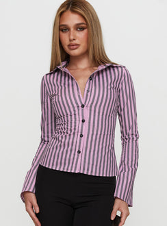 front view of model wearing Princess Polly You Hear Me Long Sleeve Top Pink Stripe Full Sleeves V-Neck 
