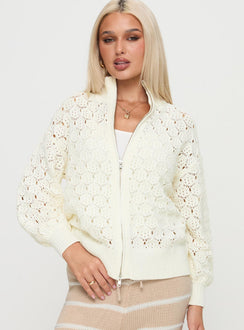 front view of model wearing Princess Polly Sirena Zip Through Knit Sweater Cream Jumpers 