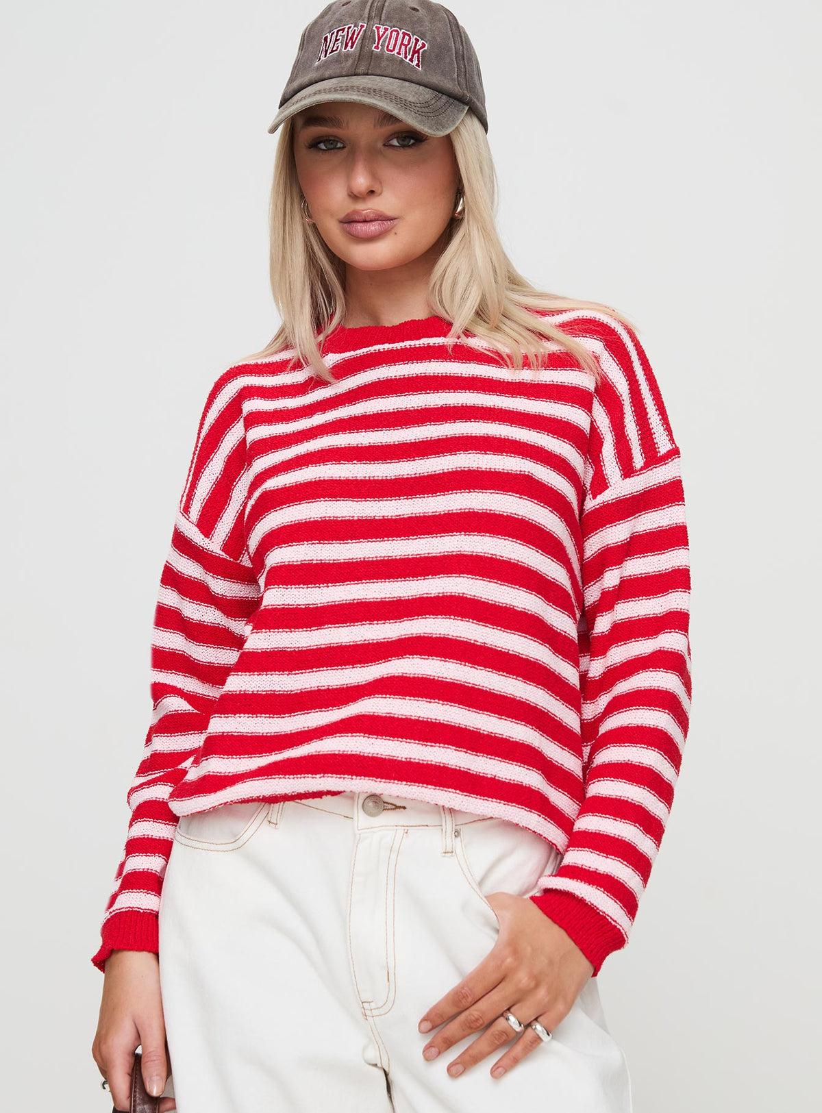 front view of model wearing Princess Polly Freeze Knit Sweater Red Cropped Jumpers Jumpers 