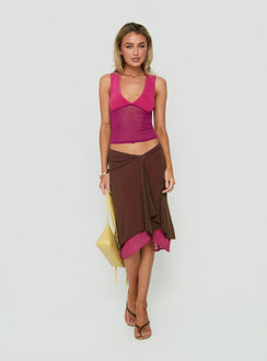 Discover the Erinhadi Midi Skirt Brown / Pink in womens-skirts with midi length front view of model wearing Princess Polly