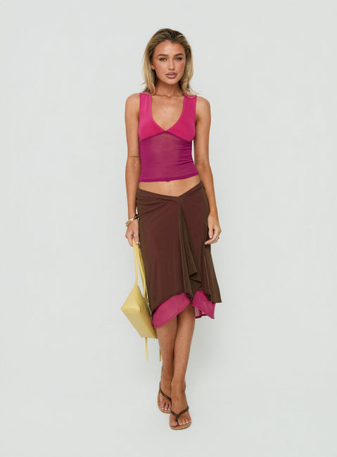 Discover the Erinhadi Midi Skirt Brown / Pink in womens-skirts with midi length front view of model wearing Princess Polly