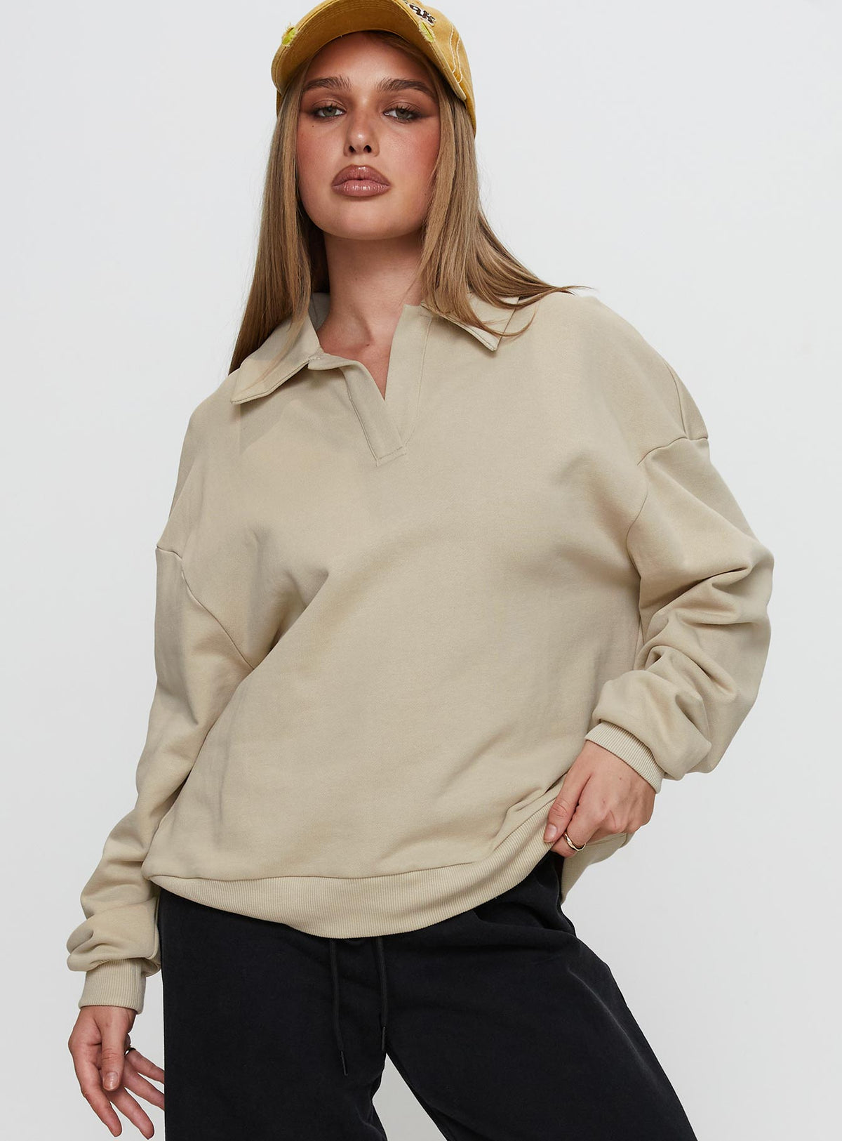 front view of model wearing Princess Polly Back Around Collared Fleece Jumper Oat Longline Jumpers Jumpers 