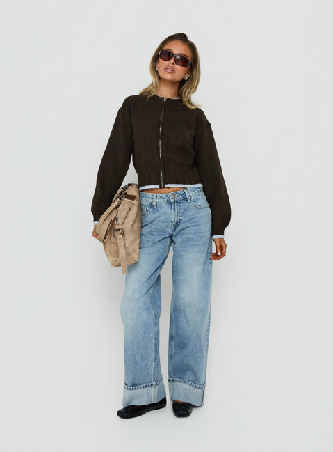 Amandi Zip Through Knit Sweater Chocolate / Blue