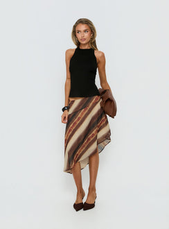 Featuring the Esmira Asymmetrical Midi Skirt Brown Stripe Petite in womens-skirts with relaxed fit and frayed hem detail Princess Polly