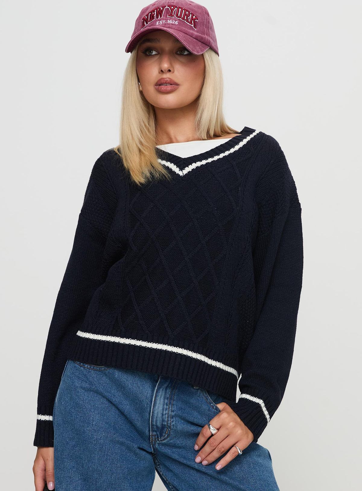 front view of model wearing Princess Polly Covina V Neck Knit Sweater Navy Jumpers 