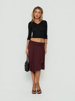 Featuring the Soft Focus Tie Waist Midi Skirt Plum Noir womens-skirts with relaxed fit Princess Polly