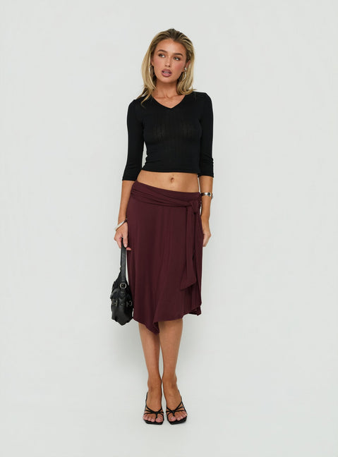 Featuring the Soft Focus Tie Waist Midi Skirt Plum Noir womens-skirts with relaxed fit Princess Polly
