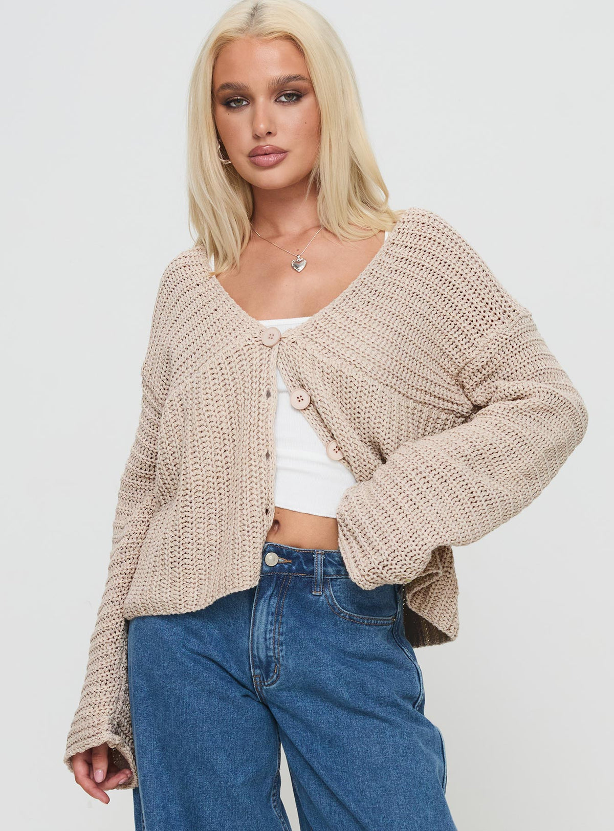 front view of model wearing Princess Polly Maela Knit Cardigan Mocha Cropped Jumpers Jumpers 