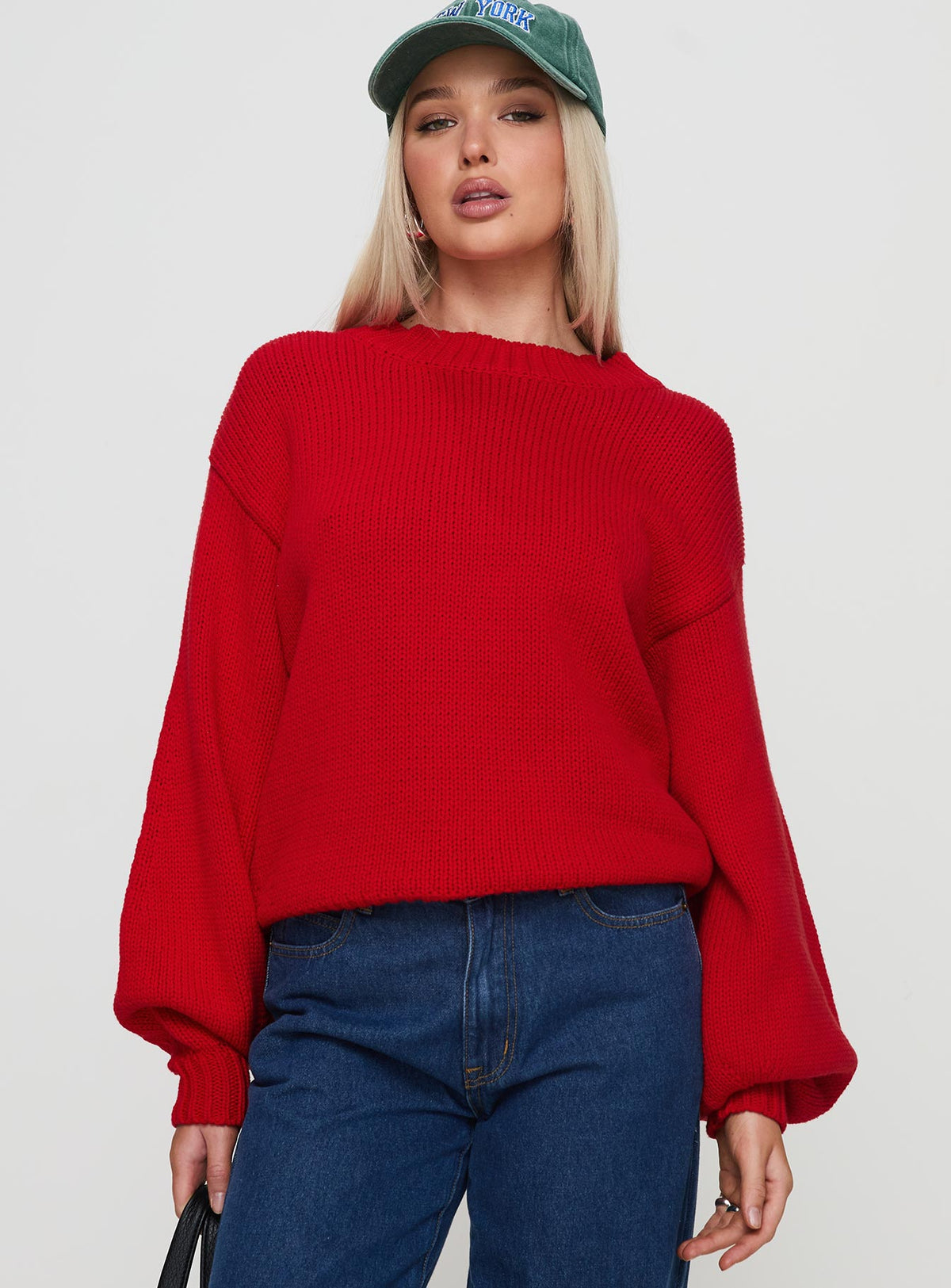 front view of model wearing Princess Polly Harmony Balloon Sleeve Knit Sweater Red Jumpers 