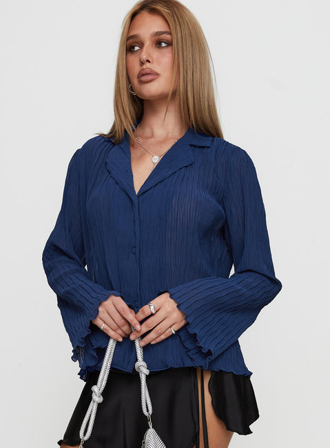 side view of model wearing Princess Polly Selma Shirt Navy Full Sleeves V-Neck 