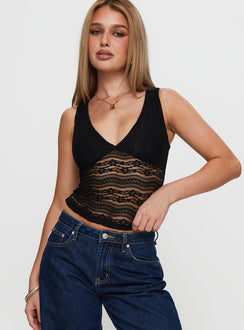 front view of model wearing Princess Polly Loxlee Lace Plunge Neck Top Black Sleeveless V-Neck 
