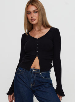 front view of model wearing Princess Polly Take My Time Long Sleeve Top Black Full Sleeves V-Neck 