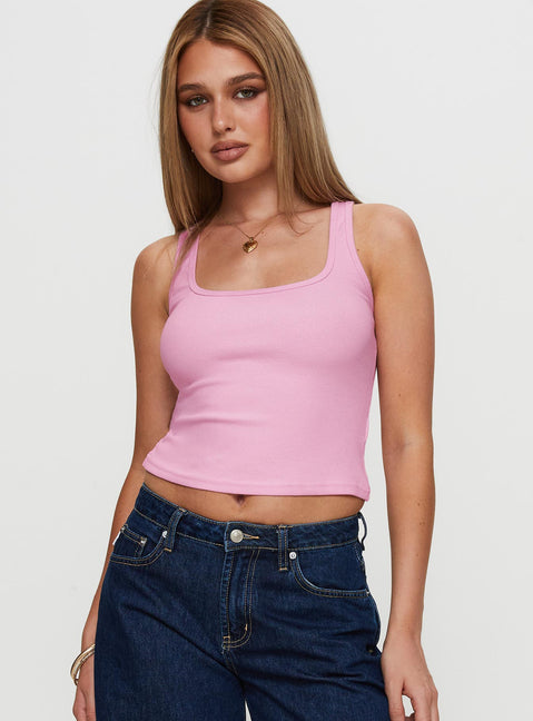 back view of model wearing Princess Polly Baseline Square Neck Rib Tank Top Pale Pink Sleeveless Scoop Neck 