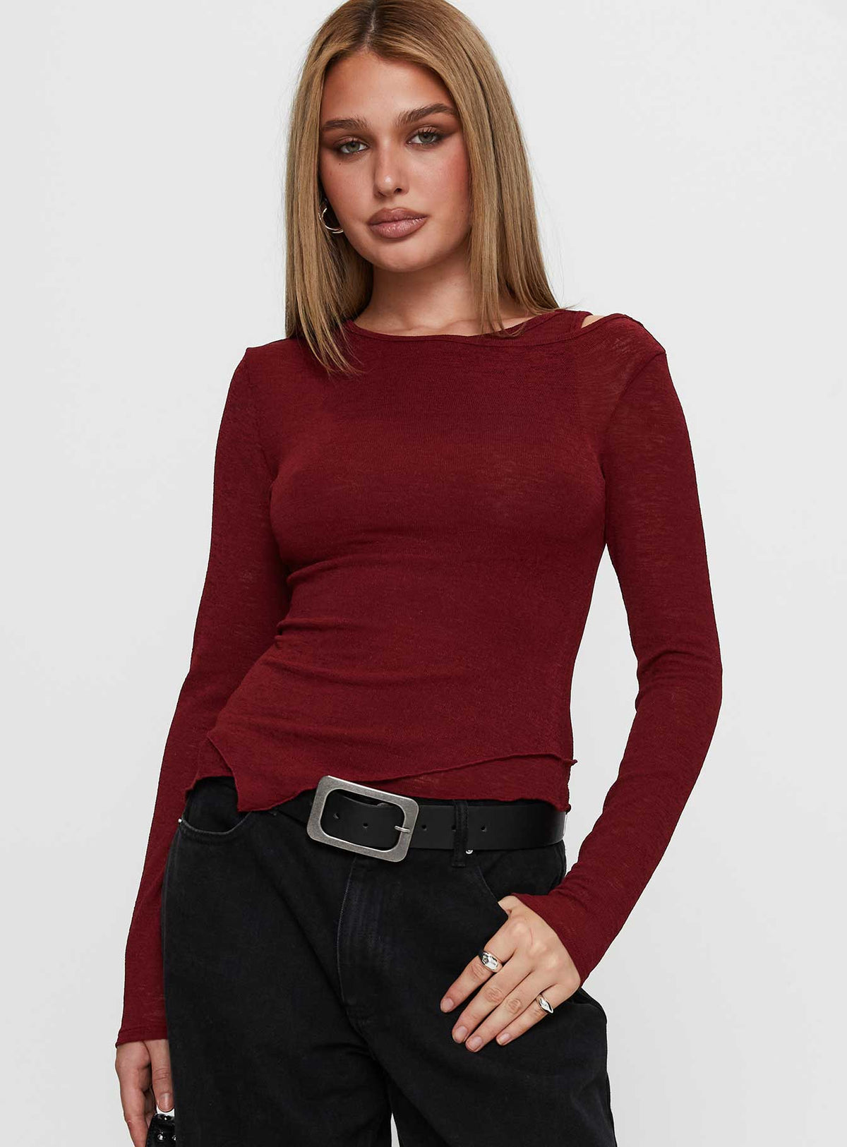 front view of model wearing Princess Polly Lefort Long Sleeve Top Burgundy Full Sleeves Crew Neck 