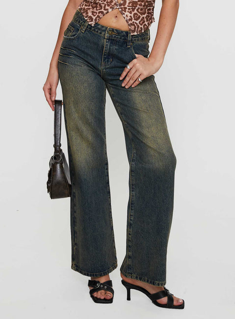 side view of model wearing Princess Polly Inverness Pinched Detail Mid Rise Wide Leg Jeans Tea Mid Rise Jeans Jeans 