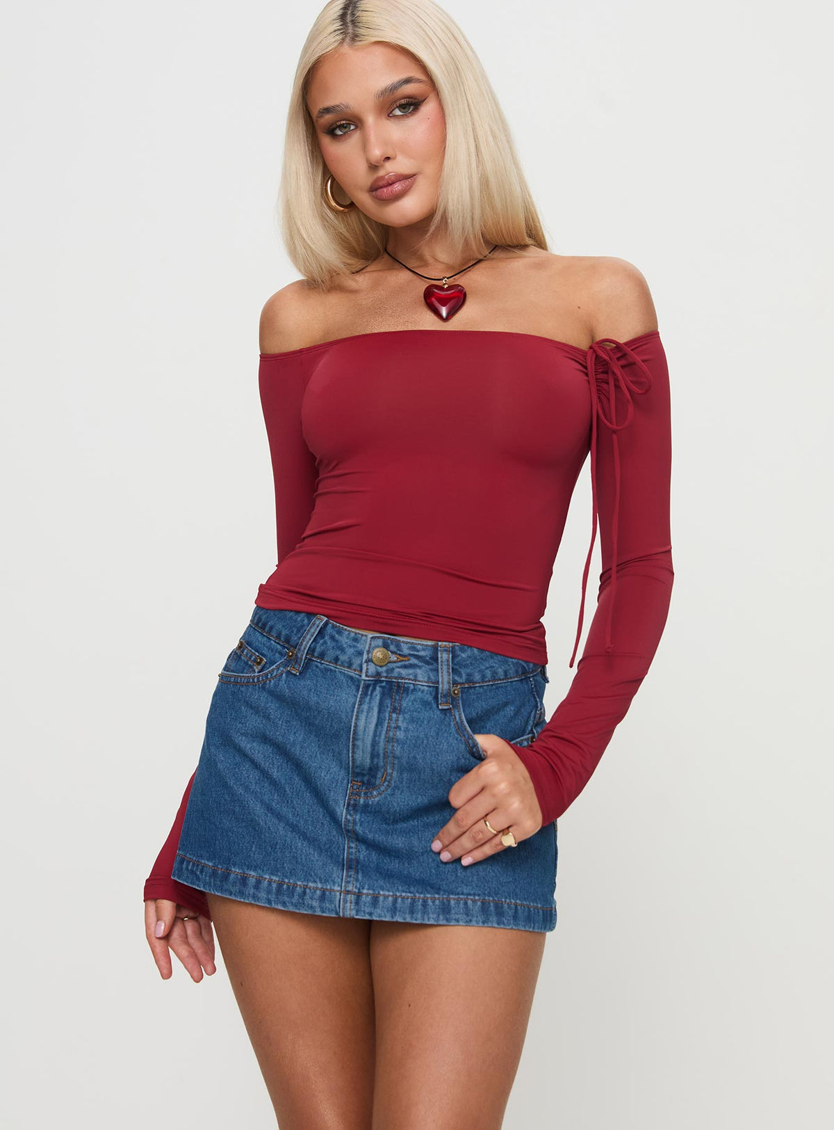   front view of model wearing Princess Polly Nicolina Low Rise Denim Mini Skirt Light Wash Mini Skirts Skirts 