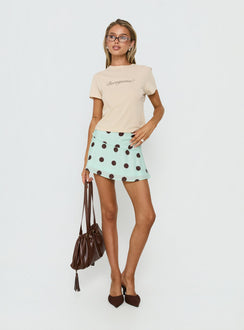   front view of model wearing Princess Polly Elicia Ruched Mini Skirt Mint / Chocolate Polka Dot Mini Skirts Skirts 