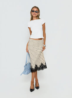 back view of model wearing Princess Polly Downtown Scene Lace Trim Maxi Skirt Cream Polka Midi Skirts Skirts 