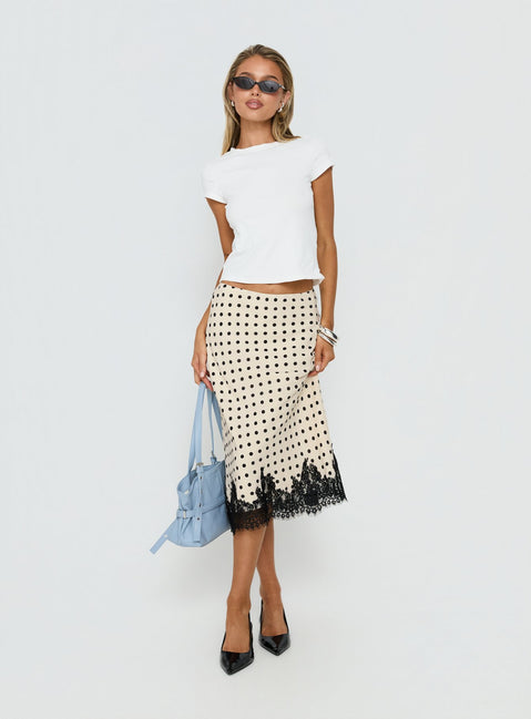 back view of model wearing Princess Polly Downtown Scene Lace Trim Maxi Skirt Cream Polka Midi Skirts Skirts 