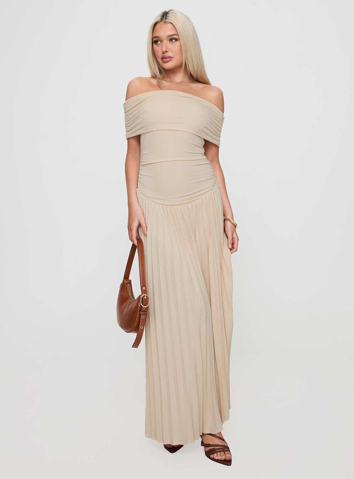 front view of model wearing Princess Polly Field Of Dreams Maxi Dress Oatmeal Straight Neck 
