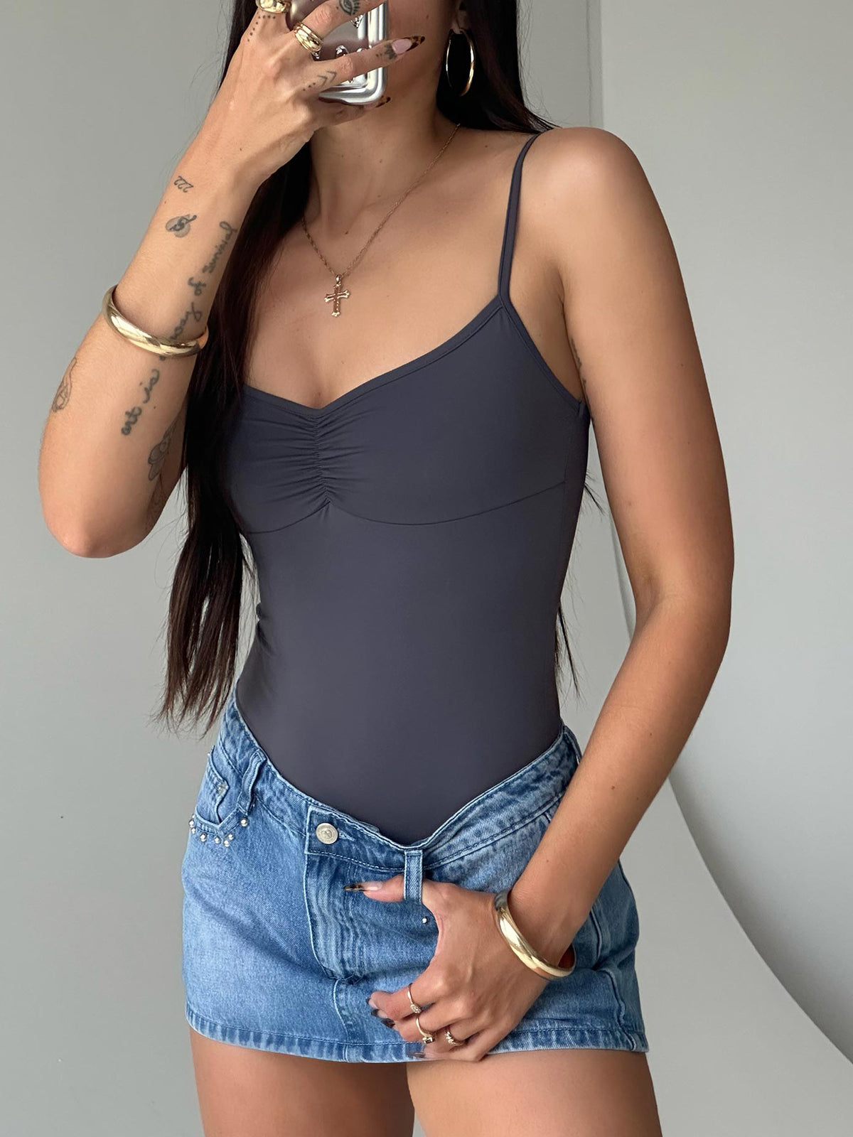 front view of model wearing Princess Polly Linden Bodysuit Slate Sleeveless Bodysuit 