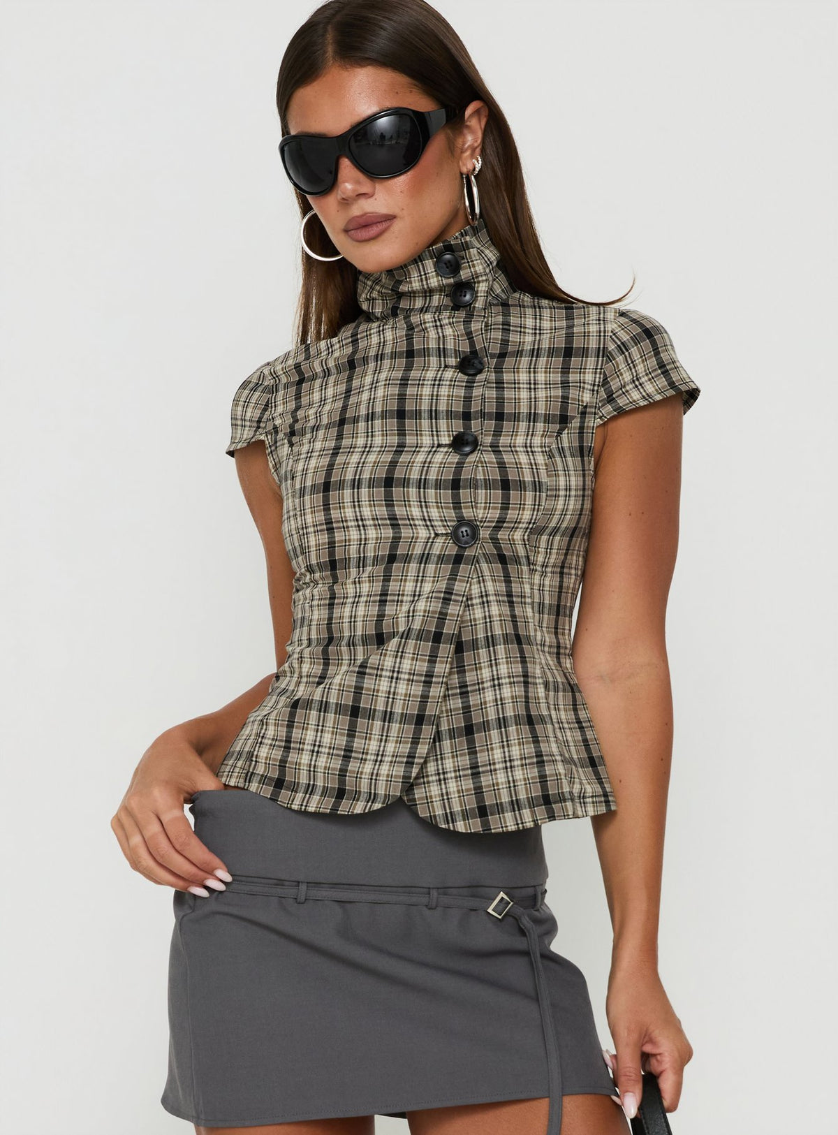 Maxina High Neck Button Up Top Check