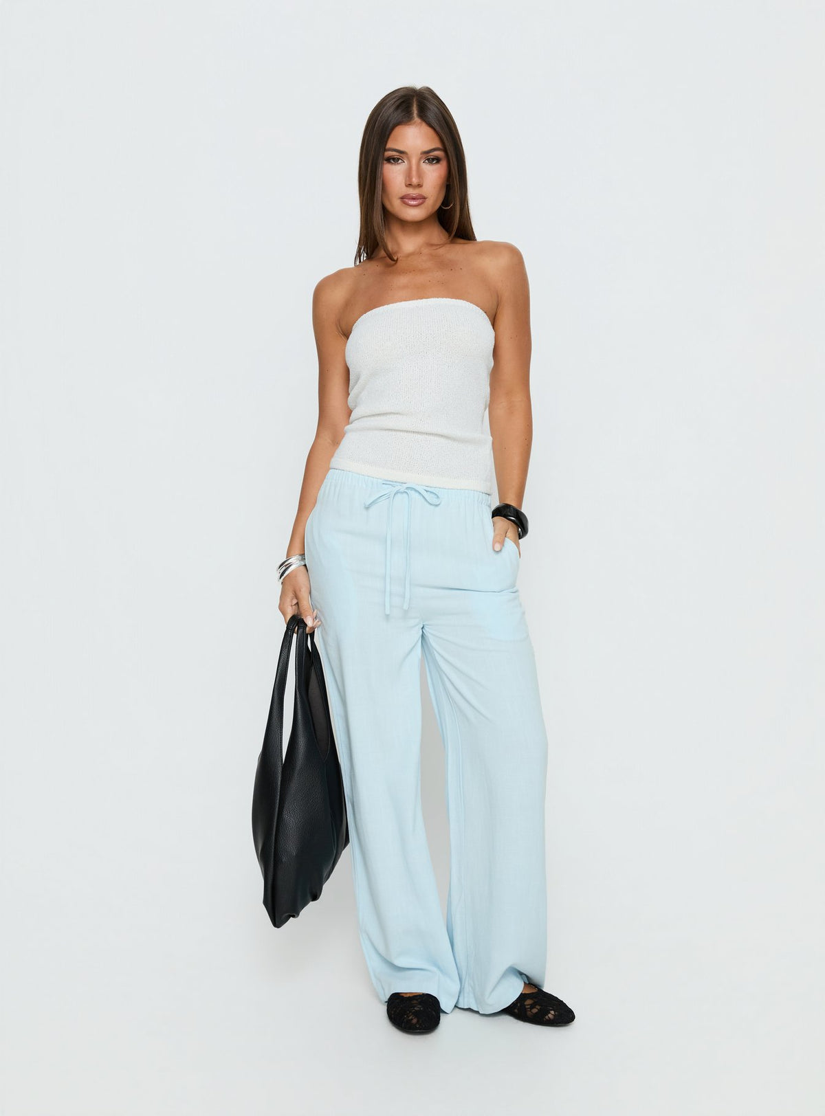 front view of model wearing Princess Polly Parklea Pants Icy Blue High Rise Pants Pants 