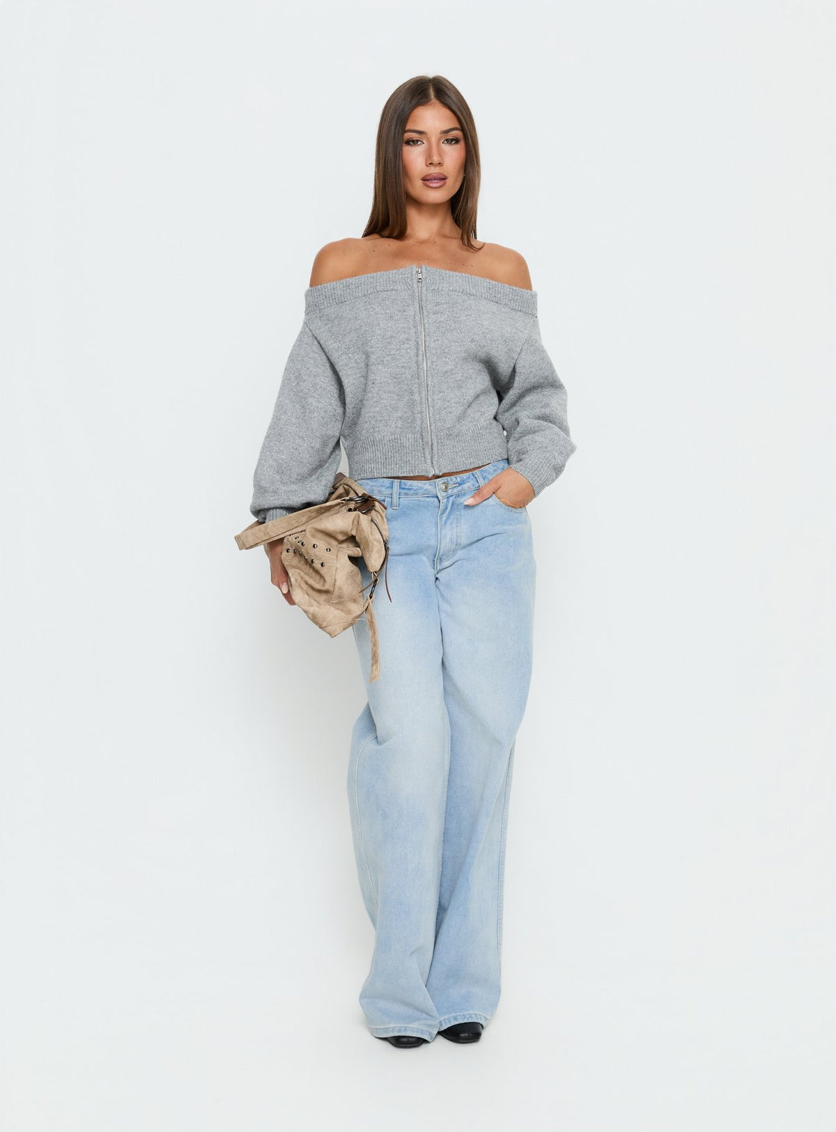 front view of model wearing Princess Polly Ortensa Off Shoulder Zip Through Jumper Grey Marle Cropped Jumpers Jumpers 