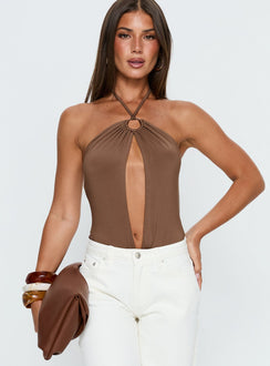 front view of model wearing Princess Polly Damiana Cut Out Bodysuit Brown Sleeveless Bodysuit 